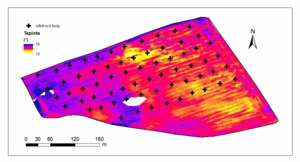 Obr. 8: Termogram pokusného pozemku z lokality Řisuty Obr. 8: Termogram pokusného pozemku z lokality Řisuty