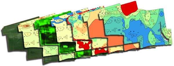 Obr. 1: Různ&eacute; druhy mapov&yacute;ch podkladů k&nbsp;tomu sam&eacute;mu pozemku: ortofotomapa - mapa relativn&iacute;ho v&yacute;nosov&eacute;ho potenci&aacute;lu - vegetačn&iacute; sn&iacute;mek NDVI - anal&yacute;za Smart Scouting - aplikačn&iacute; mapa dus&iacute;ku - mapa z&aacute;sobenosti živinami - aplikačn&iacute; mapa pro z&aacute;sobn&iacute; hnojen&iacute;