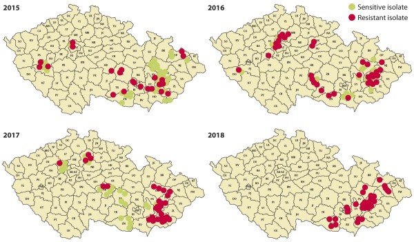 Mapa 1: V&yacute;skyt rezistentn&iacute; reakce Zymoseptoria tritici vůči strobilurinům v&nbsp;letech 2015&ndash;2018 na na&scaron;em &uacute;zem&iacute;