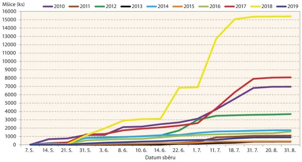 Graf 1: Nálet mšic na žlutou misku typu Lamberse na lokalitě Havlíčkův Brod - Občiny v letech 2010–2019 Graf 1: Nálet mšic na žlutou misku typu Lamberse na lokalitě Havlíčkův Brod - Občiny v letech 2010–2019
