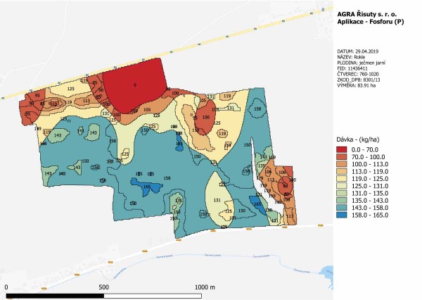 Obr. 6: Aplikačn&iacute; mapa z&aacute;sobn&iacute;ho hnojen&iacute; fosforem - kombinace mapy relativn&iacute;ho v&yacute;nosov&eacute;ho potenci&aacute;lu a&nbsp;mapy půdn&iacute;ch rozborů