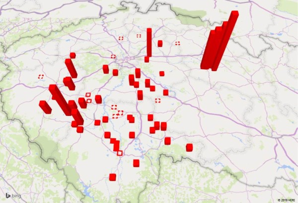 Mapa 1: Výskyt hlízenky obecné na pozorovacích bodech v červenci 2019 Mapa 1: Výskyt hlízenky obecné na pozorovacích bodech v červenci 2019