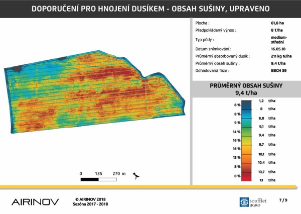 Obr. 4: Obsah su&scaron;iny vyj&aacute;dřeny z&nbsp;multispektr&aacute;ln&iacute;ho sn&iacute;mku, poř&iacute;zen&eacute;ho před druh&yacute;m přihnojen&iacute;m