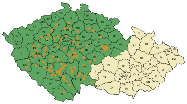 Mapa pozorovacích bodů MSDfyto v Čechách, 2019 Mapa pozorovacích bodů MSDfyto v Čechách, 2019