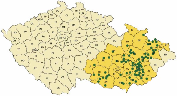 Mapa pozorování prováděných systémem MSD v oblasti Moravy a Slezska - stav roku 2018 Mapa pozorování prováděných systémem MSD v oblasti Moravy a Slezska - stav roku 2018