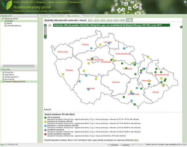 Obr.: V&yacute;sledky testov&aacute;n&iacute; řepkov&yacute;ch &scaron;kůdců na citlivost k&nbsp;insekticidům jsou volně př&iacute;stupn&eacute; v&nbsp;aplikaci Rostlinol&eacute;kařsk&yacute; port&aacute;l na domovsk&eacute; str&aacute;nce &Uacute;KZ&Uacute;Z (www.ukzuz.cz/rlportal) v&nbsp;č&aacute;sti Rezistence &Scaron;O - mapa ukazuje disperzi odli&scaron;ně citliv&yacute;ch populac&iacute; bl&yacute;sk&aacute;čka řepkov&eacute;ho k&nbsp;thiaclopridu v&nbsp;ČR dle v&yacute;sledků z&nbsp;roku 2017