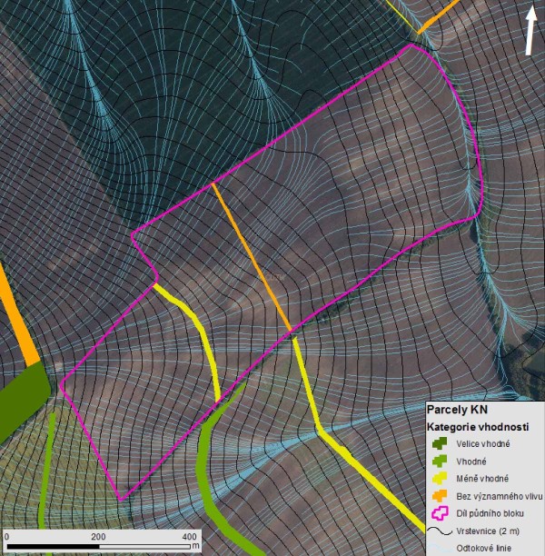 Obr. 2: Možnosti využit&iacute; st&aacute;vaj&iacute;c&iacute;ch parcel katastru nemovitost&iacute; pro realizaci prvků přeru&scaron;uj&iacute;c&iacute;ch odtok (kategorie 1 se na dan&eacute;m &uacute;zem&iacute; nenach&aacute;z&iacute;)