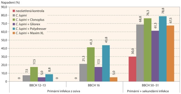 Graf 1: Srovn&aacute;n&iacute; &uacute;činnosti biologick&yacute;ch př&iacute;pravků a&nbsp;chemick&eacute;ho mořidla Maxim XL 035 FS na v&yacute;skyt prim&aacute;rn&iacute; a&nbsp;sekund&aacute;rn&iacute; infekce lupiny b&iacute;l&eacute; antrakn&oacute;zou (Colletotrichum lupini) v&nbsp;n&aacute;dobov&eacute;m pokusu 2019