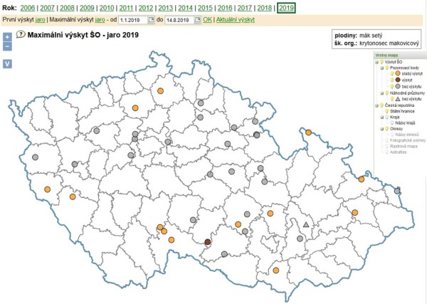 Mapa 2: Maximální výskyty dospělců krytonosce makovicového v roce 2019 na území České republiky (zdroj: http://eagri.cz/public/app/srs_pub/fytoportal) Mapa 2: Maximální výskyty dospělců krytonosce makovicového v roce 2019 na území České republiky (zdroj: http://eagri.cz/public/app/srs_pub/fytoportal)