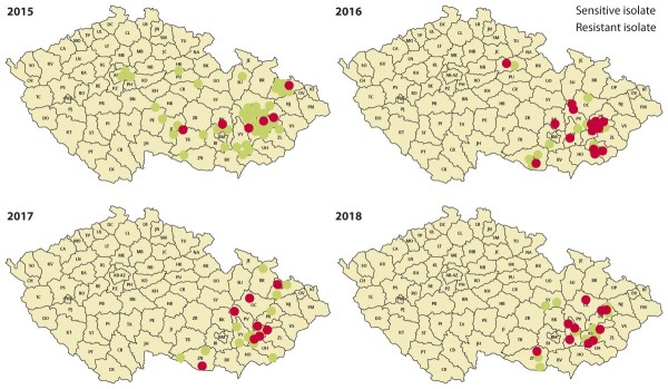 Mapa 2: V&yacute;skyt rezistentn&iacute; reakce Pyrenophora teres vůči strobilurinům v&nbsp;letech 2015&ndash;2018 na na&scaron;em &uacute;zem&iacute;