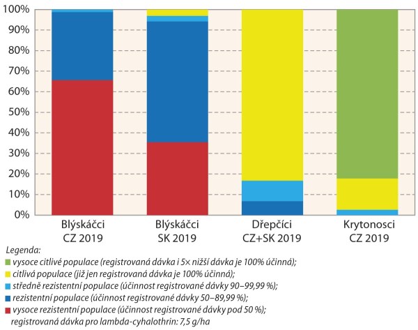 Graf 1: Srovnání podílů populací vybraných řepkových škůdců vykazujících určité úrovně rezistence nebo citlivosti k pyretroidu lambda-cyhalothrin; tato účinná látka reprezentuje skupinu běžných pyretroidů esterických; u dřepčíků jde o druhy rodu Phyllotreta (převládající druh dřepčík černonohý), u krytonosců jde o krytonosce čtyřzubého (C. pallidactylus) Graf 1: Srovnání podílů populací vybraných řepkových škůdců vykazujících určité úrovně rezistence nebo citlivosti k pyretroidu lambda-cyhalothrin; tato účinná látka reprezentuje skupinu běžných pyretroidů esterických; u dřepčíků jde o druhy rodu Phyllotreta (převládající druh dřepčík černonohý), u krytonosců jde o krytonosce čtyřzubého (C. pallidactylus)