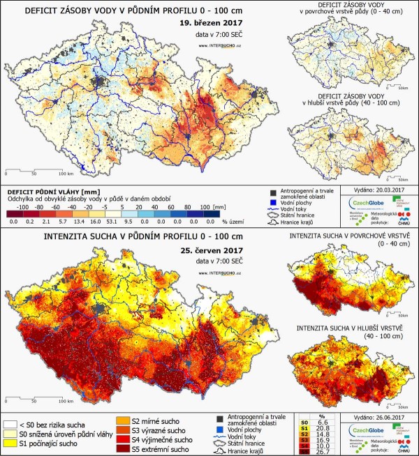 Obr. 1: Deficit zásoby vody v půdním profilu v roce 2017 (zdroj: www.intersucho.cz) Obr. 1: Deficit zásoby vody v půdním profilu v roce 2017 (zdroj: www.intersucho.cz)