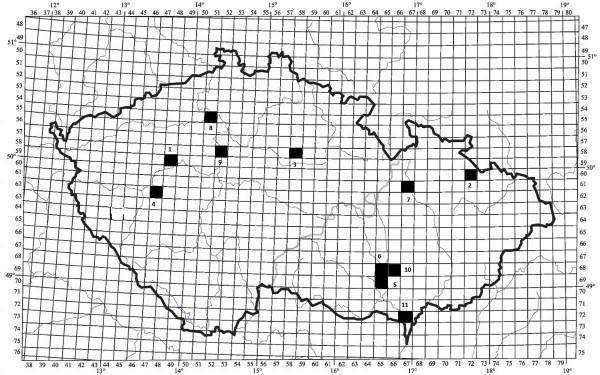 Mapa s vyznačením původu testovaných populací mšice broskvoňové; populace sbírané v roce 2019: 1) Buková, 2) Lichnov, 3) Lišice, 4) Litohlavy, 5) Rajhrad, 6) Troubsko, 7) Zábřeh, 8) Židovice; populace sbírané v roce 2018: 9) Praha-Ruzyně, 10) Šaratice, 11) Velké Bílovice Mapa s vyznačením původu testovaných populací mšice broskvoňové; populace sbírané v roce 2019: 1) Buková, 2) Lichnov, 3) Lišice, 4) Litohlavy, 5) Rajhrad, 6) Troubsko, 7) Zábřeh, 8) Židovice; populace sbírané v roce 2018: 9) Praha-Ruzyně, 10) Šaratice, 11) Velké Bílovice