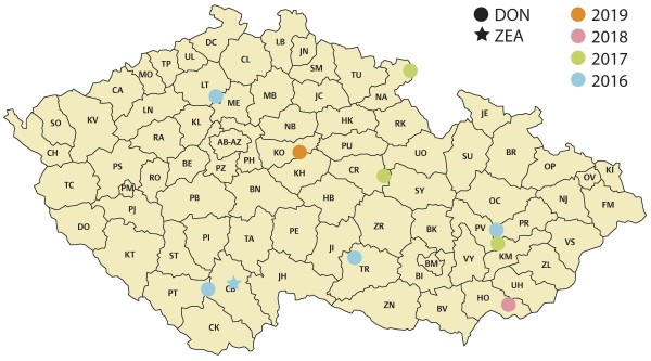 Mapa: Původ vzorků p&scaron;enice s&nbsp;obsahem přesahuj&iacute;c&iacute;m limity pro deoxynivalenol (1 250 &mu;g/kg) a&nbsp;zearalenon (100 &mu;g/kg) sklizen&yacute;ch v&nbsp;ČR v&nbsp;letech 2015&ndash;2019; v&nbsp;roce 2015 nepřes&aacute;hl limit ž&aacute;dn&yacute; vzorek