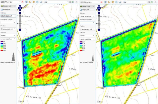Obr 2: Anal&yacute;za porostu p&scaron;enice ozim&eacute; před aplikac&iacute; N-hnojiv a&nbsp;po aplikaci