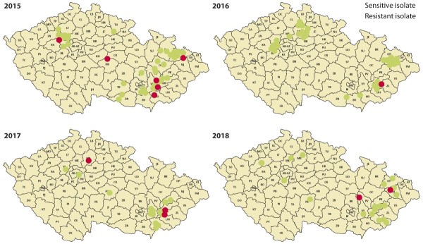 Mapa 4: V&yacute;skyt rezistentn&iacute; reakce Oculimacula spp. vůči prochlorazu v&nbsp;letech 2015&ndash;2018 na na&scaron;em &uacute;zem&iacute;