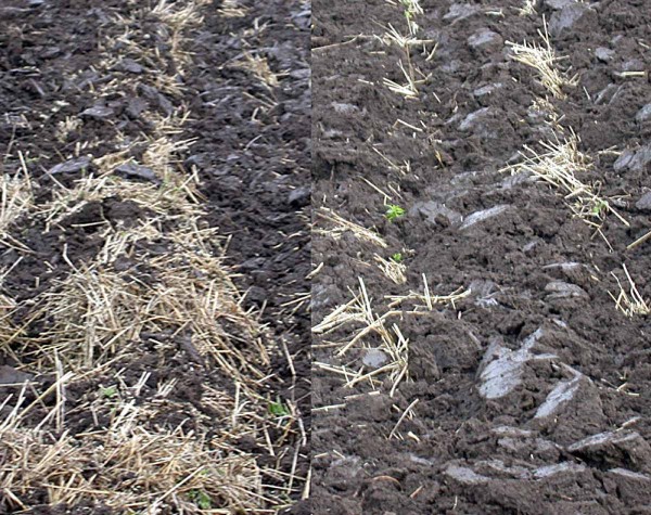 Obr. 8: Nekvalitn&iacute; zapraven&iacute; sl&aacute;my při orbě v&nbsp;důsledku &scaron;patn&eacute;ho sběru sl&aacute;my (vlevo) a&nbsp;nepodm&iacute;tnut&eacute;ho  vysok&eacute;ho strni&scaron;tě (vpravo)