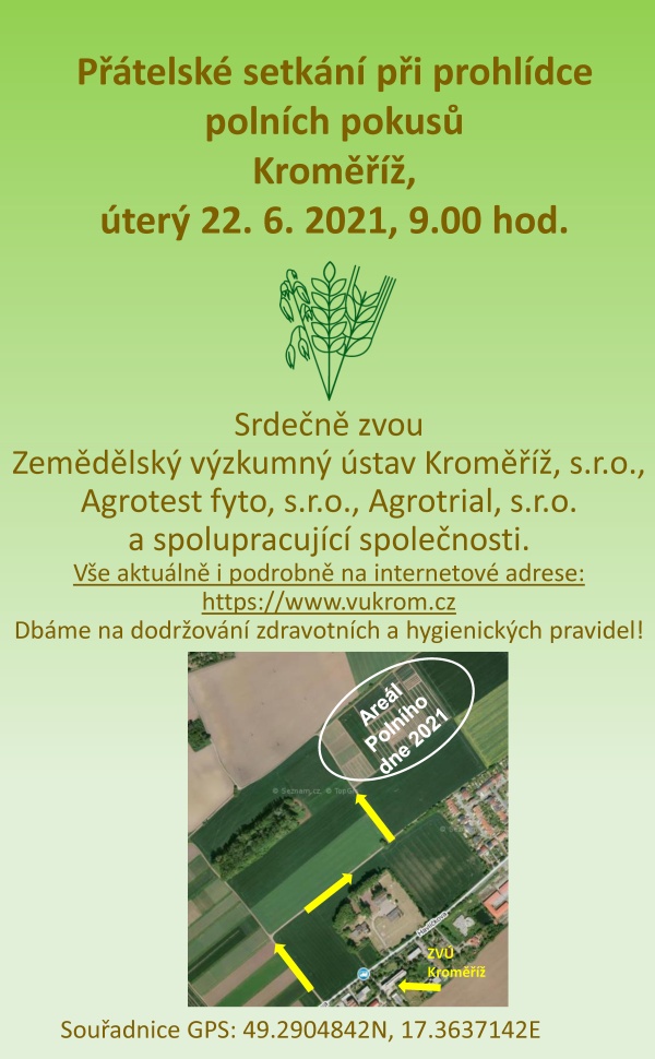 Př&aacute;telsk&eacute; setk&aacute;n&iacute; při prohl&iacute;dce poln&iacute;ch pokusů Kroměř&iacute;ž, &uacute;ter&yacute; 22. 6. 2021, 9.00 hod.