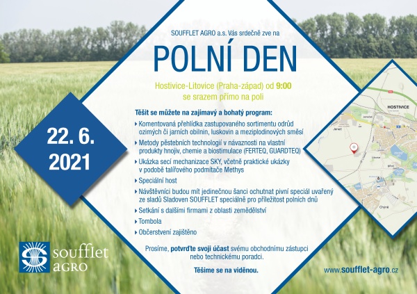 POLN&Iacute; DNY SOUFFLET AGRO R&aacute;di bychom V&aacute;s v&nbsp;r&aacute;mci odborn&eacute; přehl&iacute;dky zastupovan&yacute;ch odrůd a&nbsp;pěstebn&iacute;ch technologi&iacute; pozvali na pl&aacute;novan&eacute; Dal&scaron;&iacute; podrobnosti ohledně programu budou upřesněny prostřednictv&iacute;m na&scaron;ich z&aacute;stupců či webov&yacute;ch str&aacute;nek. Organizace poln&iacute;ho dne se bude ř&iacute;dit dle aktu&aacute;ln&iacute;ho nař&iacute;zen&iacute; vl&aacute;dy ČR v&nbsp;n&aacute;vaznosti na aktu&aacute;ln&iacute; situaci s&nbsp;covid-19. Litovice