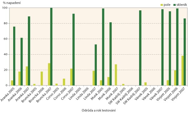 Graf: Infekčn&iacute; testy odrůd jarn&iacute; p&scaron;enice na rezistenci vůči mazlav&yacute;m snět&iacute;m na poli a&nbsp;ve sklen&iacute;ku (2005&ndash;2007)