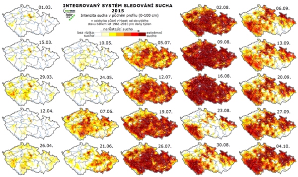 Obr. 2: Zemědělsk&eacute; sucho ve vegetačn&iacute;m obdob&iacute; v&nbsp;roce 2015 (01.03. &ndash; 4.10.2015) pro 0,0&ndash;1,0 m; průběh sucha vysvětluje dobr&eacute; v&yacute;nosy ozim&yacute;ch plodin a&nbsp;plodin s&nbsp;krat&scaron;&iacute; vegetačn&iacute; dobou (např. ječmen, p&scaron;enice, řepka) a&nbsp;současně v&yacute;razn&eacute; dopady sucha na plodiny s&nbsp;pozděj&scaron;&iacute; dobou sklizně (např. kukuřice, brambory, ovoce, cukrov&aacute; řepa)