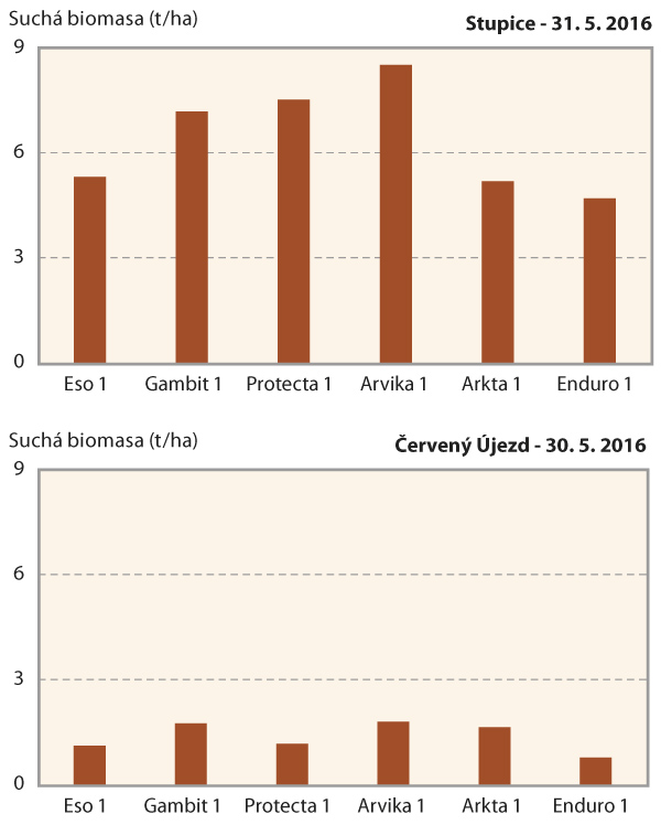 Graf. 1: Such&aacute; produkce nadzemn&iacute; biomasy porostu na lokalitě Stupice 31. 5. 2016 a&nbsp;Červen&yacute; &Uacute;jezd 30. 5. 2016 (1 = obvykl&yacute; v&yacute;sevek)