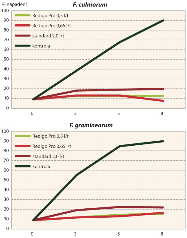Graf 3: &Uacute;činnost mořidla Redigo Pro na Fusarium spp. (Zdroj: doc. Prokinov&aacute;, ČZU)