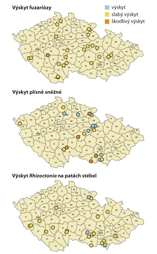 Graf 1: Mapa pozitivn&iacute;ho v&yacute;skytu chorob přenosn&yacute;ch osivem v&nbsp;obilnin&aacute;ch (2016&ndash;2017, zdroj: eagri.cz