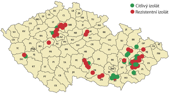 Mapa 1: Patogen Zymoseptoria tritici - průzkum rezistence vůči strobilurinům, 2016 Mapa 1: Patogen Zymoseptoria tritici - průzkum rezistence vůči strobilurinům, 2016