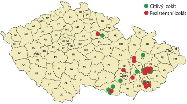 Mapa 2: Patogen Pyrenophora teres - průzkum rezistence vůči strobilurinům, 2016 Mapa 2: Patogen Pyrenophora teres - průzkum rezistence vůči strobilurinům, 2016