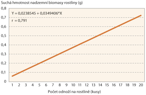 Graf 1: Z&aacute;vislost mezi průměrnou suchou hmotnost&iacute; rostliny a&nbsp;počtem odnož&iacute; u&nbsp;odrůdy Julie stanoven&aacute; 21. 3. 2017, hodnoceno bylo 350 rostlin