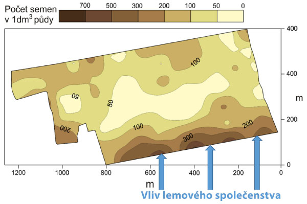 Obr. 2: Vliv lemov&eacute;ho společenstva na z&aacute;sobu semen plevelů v&nbsp;půdě na půdn&iacute;m bloku (Hamouz, 2005)