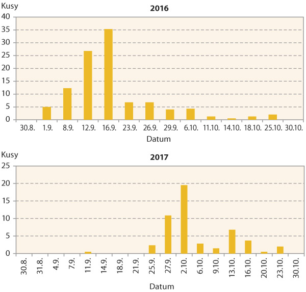 Graf 2: Průměrn&yacute; počet brouků dřepč&iacute;ka olejkov&eacute;ho zachycen&yacute;ch na jednu misku (žlutě) v&nbsp;podzimn&iacute;m obdob&iacute; v&nbsp;Troubsku u&nbsp;Brna v&nbsp;letech 2016 a&nbsp;2017