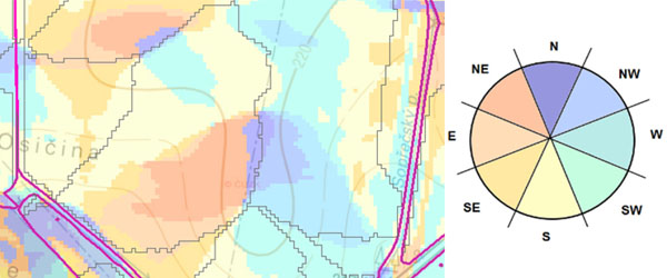 Obr. 1: Př&iacute;klad půdn&iacute;ho bloku s&nbsp;v&yacute;raznou svahovou variabilitou; uprostřed sn&iacute;mku je patrn&aacute; ostr&aacute; hrana vymezuj&iacute;c&iacute; odtokov&eacute; celky (orientace svahu je odli&scaron;ena jednotliv&yacute;mi barvami viz růžice)