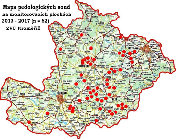 Mapa 62 pedologických sond na monitorovacích plochách 2013–2017 Mapa 62 pedologických sond na monitorovacích plochách 2013–2017