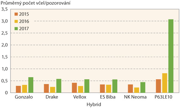 Graf 1: Atraktivita hybridů slunečnice pro včely