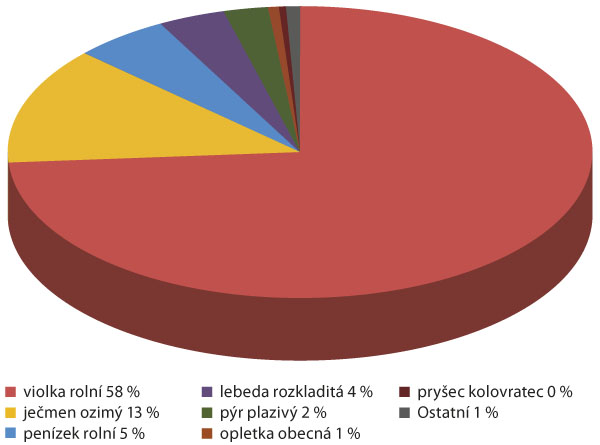 Graf 6: Zastoupen&iacute; nalezen&yacute;ch druhů plevelů v&nbsp;ozim&eacute; řepky na podzim