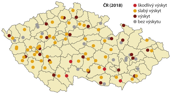 Mapa: Intenzita v&yacute;skytu zav&iacute;ječe kukuřičn&eacute;ho v&nbsp;okresech ČR v&nbsp;roce 2018