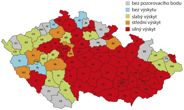 Mapa intenzity v&yacute;skytu b&aacute;zlivce kukuřičn&eacute;ho v&nbsp;roce 2018