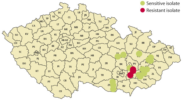 Mapa 3: V&yacute;skyt rezistentn&iacute; reakce Pyrenophora teres vůči SDHI v&nbsp;roce 2018 na na&scaron;em &uacute;zem&iacute;