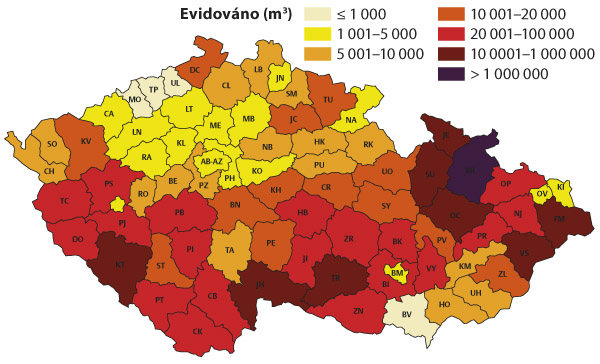 Mapa: Evidovan&eacute; smrkov&eacute; kůrovcov&eacute; dř&iacute;v&iacute; dle hl&aacute;&scaron;en&iacute; Lesn&iacute; ochrann&eacute; služby podle okresů