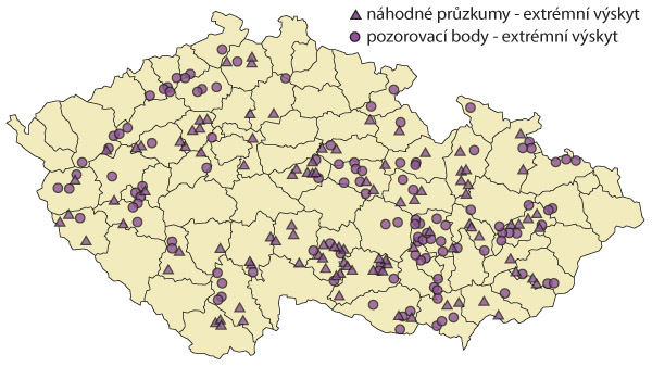 Mapa: 1: Místa, dle monitoringu ÚKZÚZ, s dosažením či překročením 5násobku prahu škodlivosti v jarním období 2020 Mapa: 1: Místa, dle monitoringu ÚKZÚZ, s dosažením či překročením 5násobku prahu škodlivosti v jarním období 2020