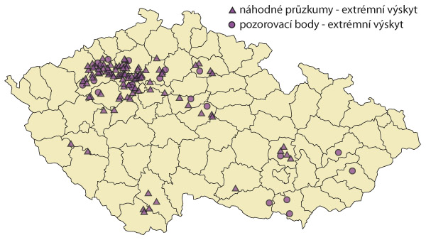 Mapa 2: Místa, dle monitoringu ÚKZÚZ, s dosažením či překročením 5násobku prahu škodlivosti v letním období 2020 Mapa 2: Místa, dle monitoringu ÚKZÚZ, s dosažením či překročením 5násobku prahu škodlivosti v letním období 2020