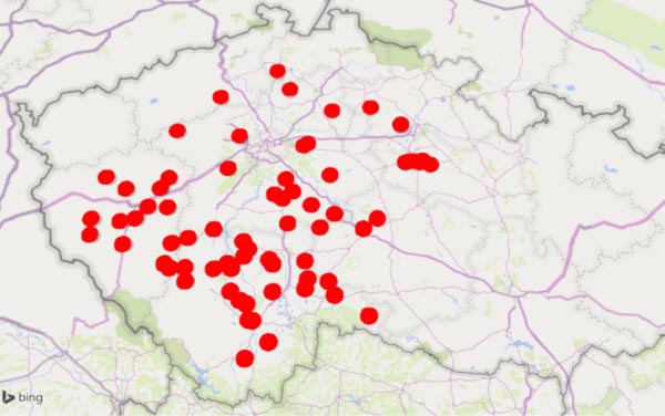 Mapa 1: Pozorovací stanoviště v rámci projektu MSDfyto v roce 2020, Čechy Mapa 1: Pozorovací stanoviště v rámci projektu MSDfyto v roce 2020, Čechy