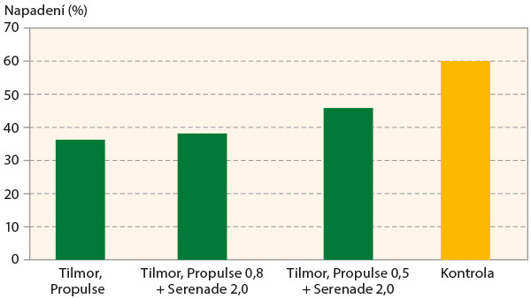 Graf 2: Vliv aplikace fungicidů na napaden&iacute; stonků verticiliov&yacute;m vadnut&iacute;m (Červen&yacute; &Uacute;jezd, Agrada)