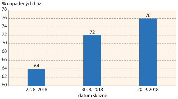 Graf 3: Vliv term&iacute;nu sklizně na napaden&iacute; hl&iacute;z dr&aacute;tovci v&nbsp;roce 2018 (Havl&iacute;čkův Brod - Pelestrov, odrůda Secura)