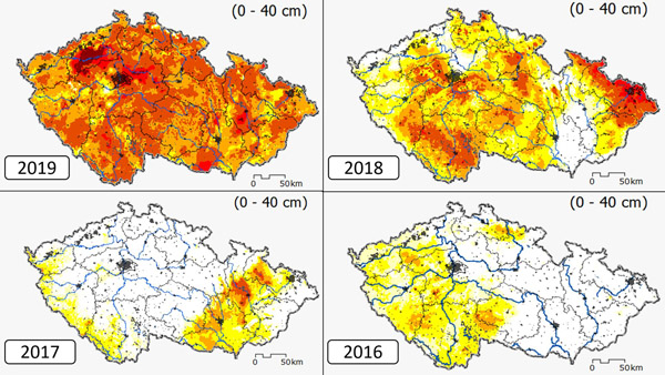 Mapa 1: Zasažení České republiky suchem v polovině dubna v letech 2016–2019 (zdroj: www.intersucho.cz) Mapa 1: Zasažení České republiky suchem v polovině dubna v letech 2016–2019 (zdroj: www.intersucho.cz)