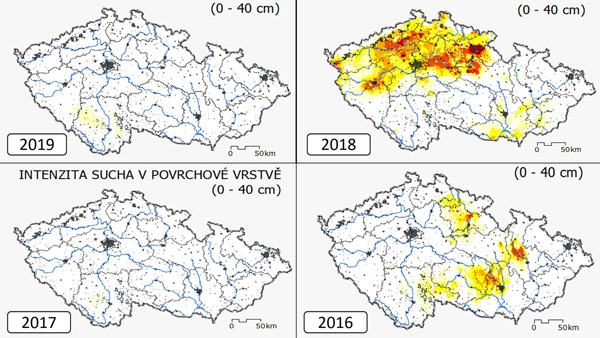 Mapa 2: Zasažení České republiky suchem v polovině října v letech 2016–2019 (zdroj: www.intersucho.cz) Mapa 2: Zasažení České republiky suchem v polovině října v letech 2016–2019 (zdroj: www.intersucho.cz)