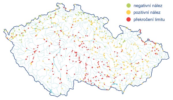 Mapa 1: N&aacute;lezy v&nbsp;povrchov&yacute;ch vod&aacute;ch