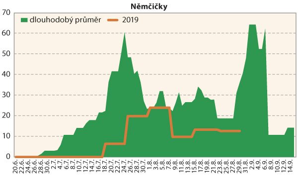 Graf 3: Srovn&aacute;n&iacute; průměrn&eacute; denn&iacute; početnosti dospělců b&aacute;zlivce kukuřičn&eacute;ho na lokalitě Němčičky v&nbsp;roce 2019 s&nbsp;dlouhodob&yacute;m norm&aacute;lem